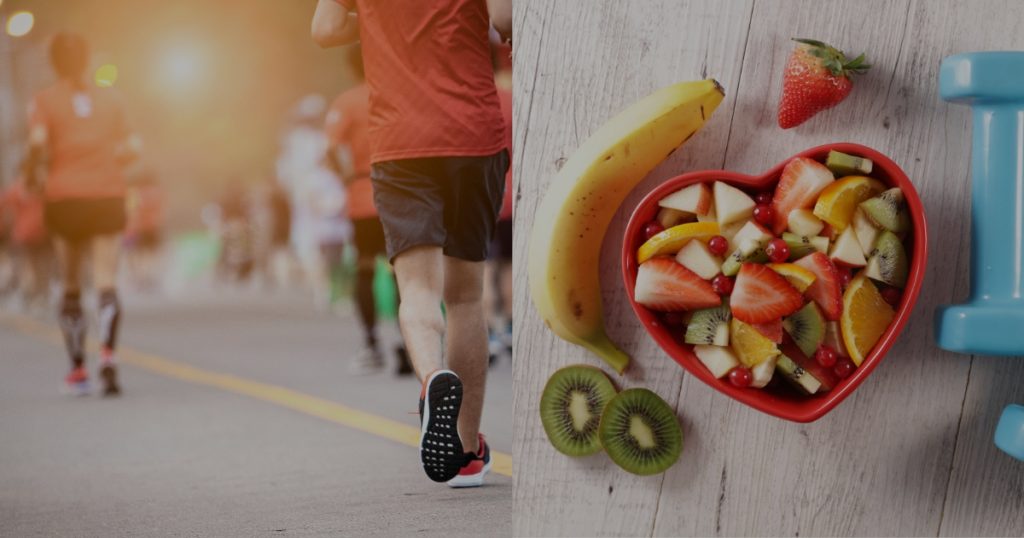 Marathon runners, fruit salad in a heart-shaped bowl, banana, kiwi slices, strawberry, and dumbbells.