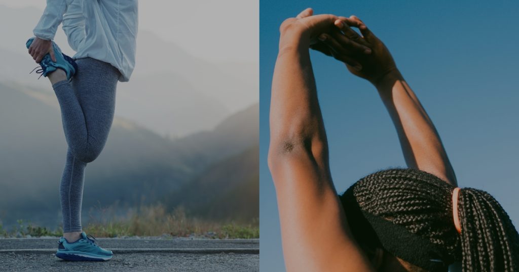 Two runners stretching outdoors.