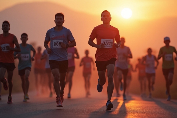 Group of marathon runners with a scenic view of Mount Kinabalu in the background.