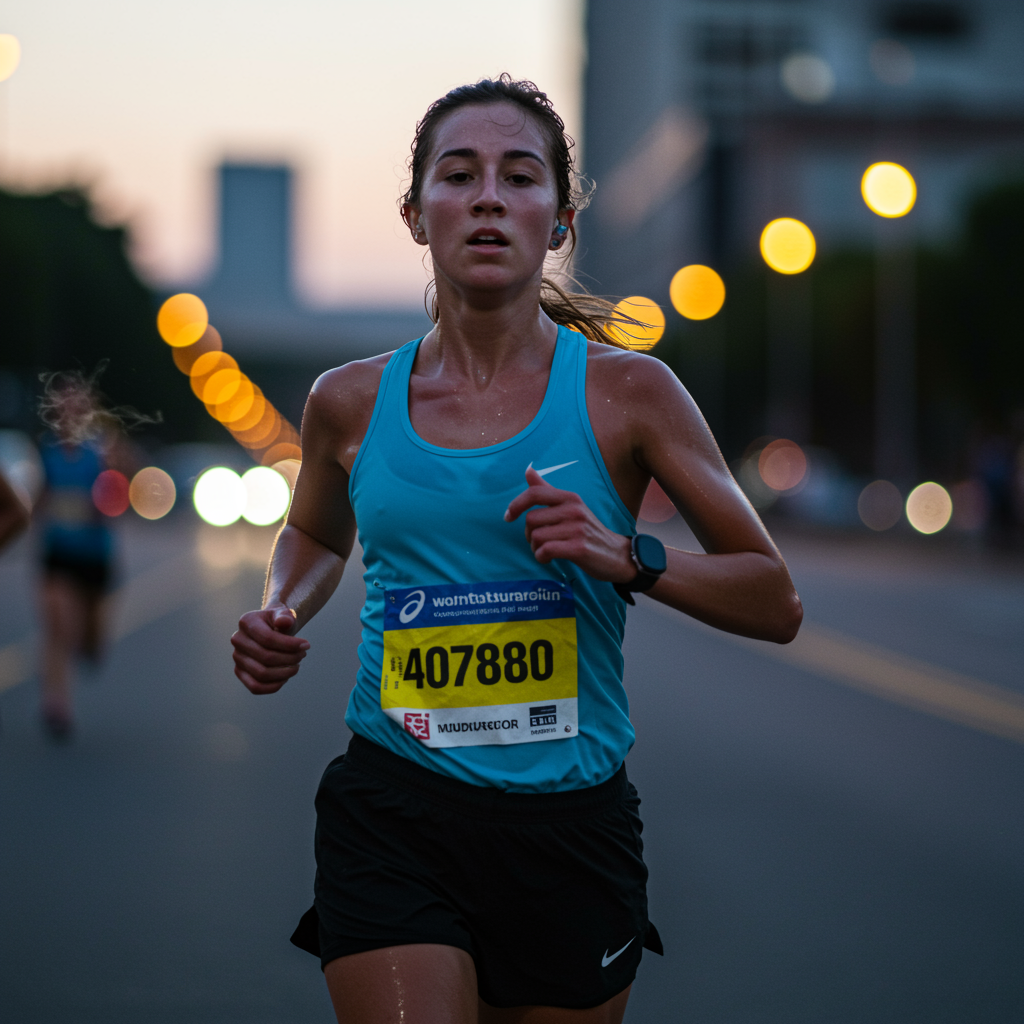 Marathon runner pushing through exhaustion at 32km during race