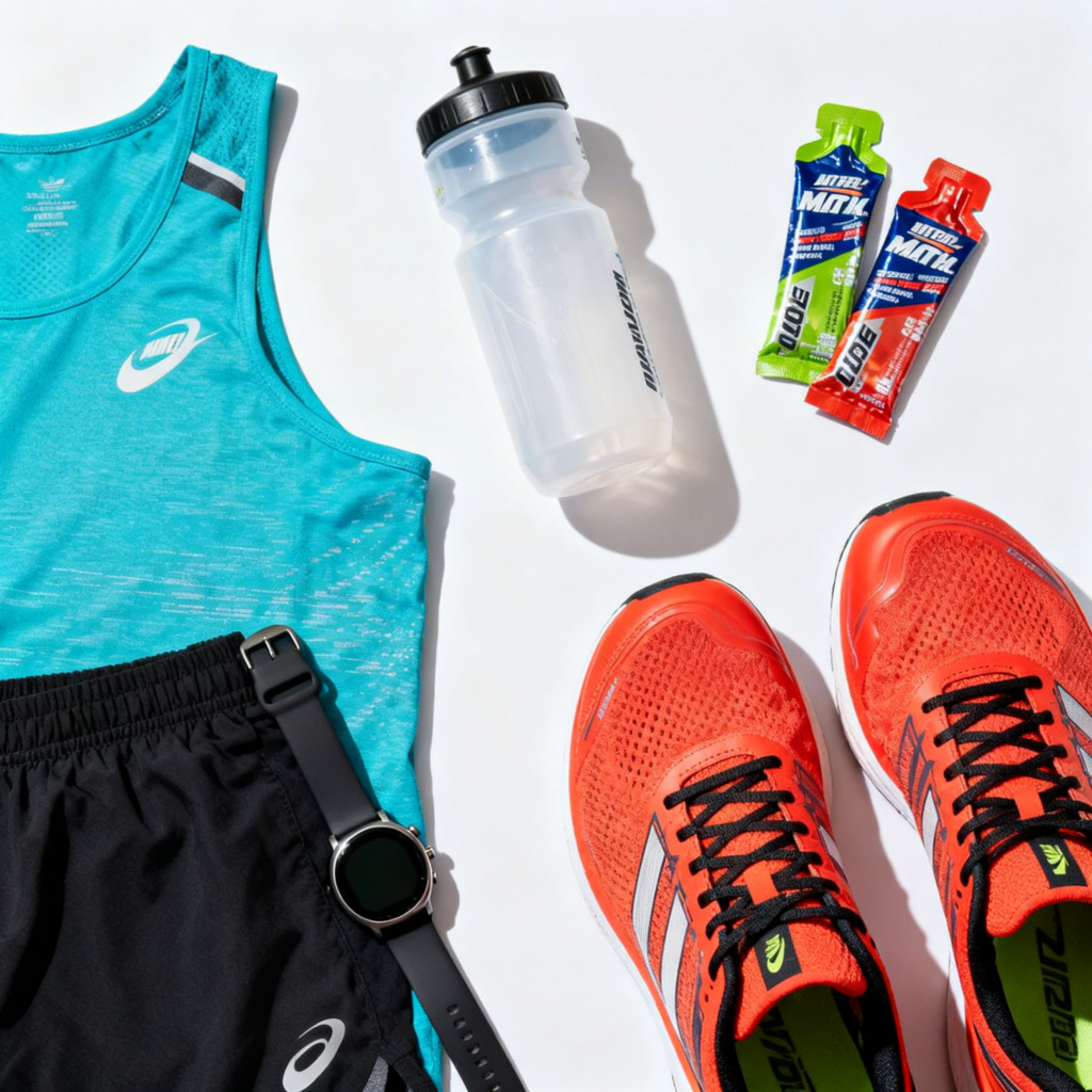 Marathon running gear including shoes, energy gels, and hydration essentials