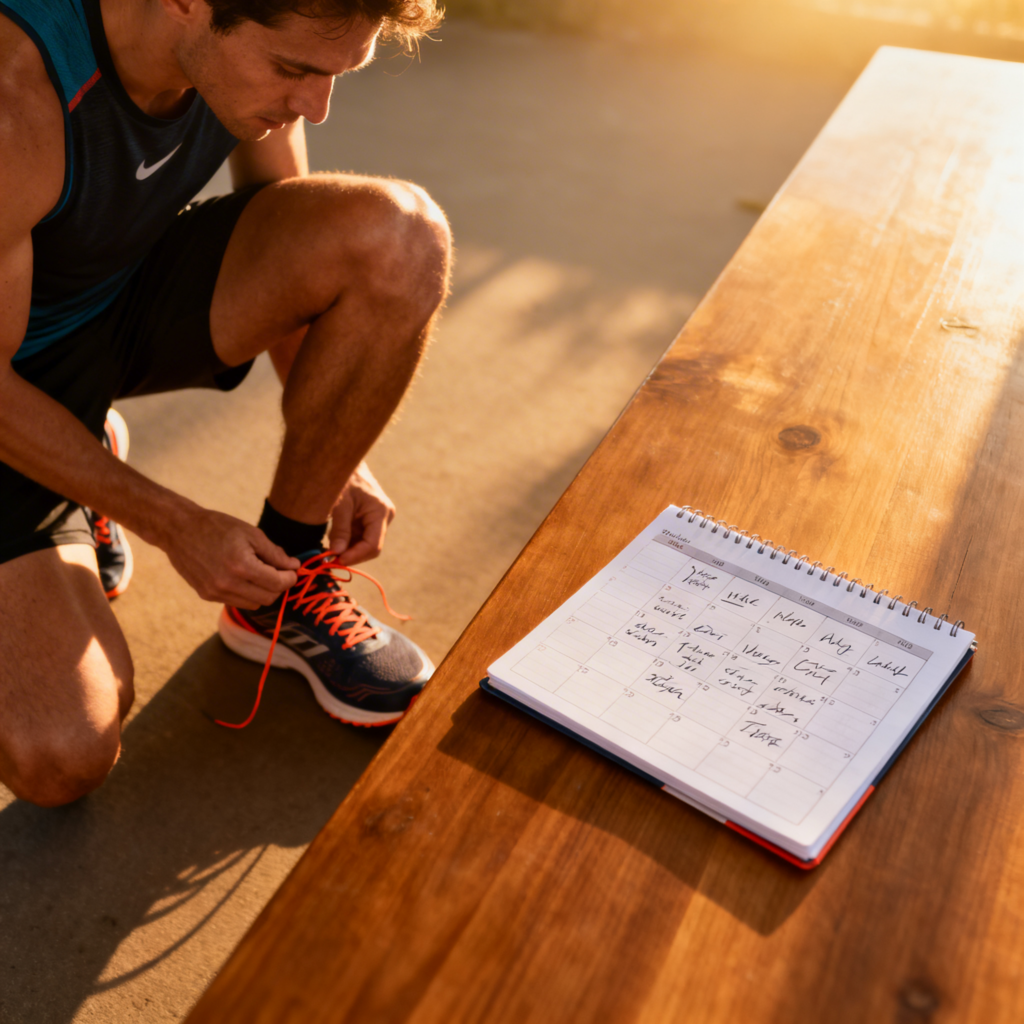 Marathon training schedule with runner preparing for a long run
