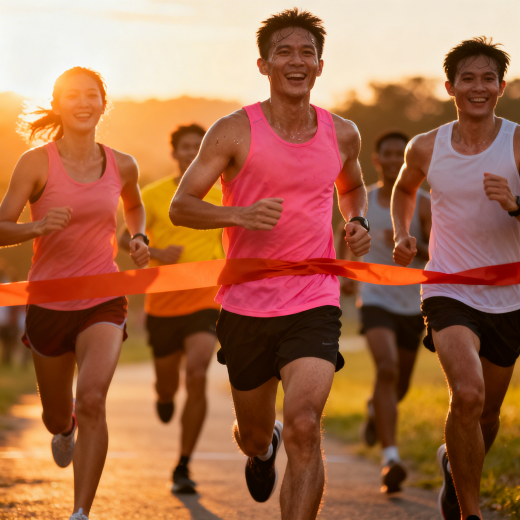 Runners crossing marathon finish line at sunrise during a full marathon event